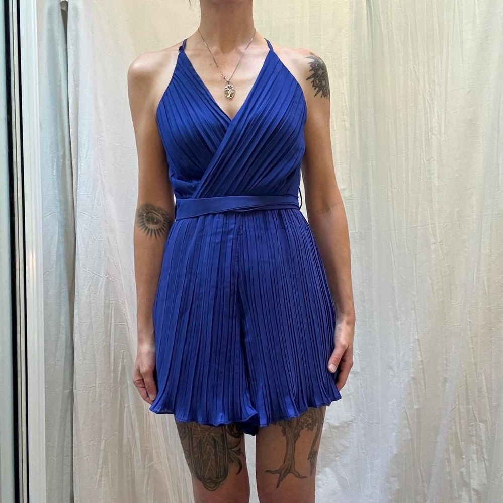 Blue Pleated Romper with Ribbon Belt New With Tags Beyond Words Small Cute